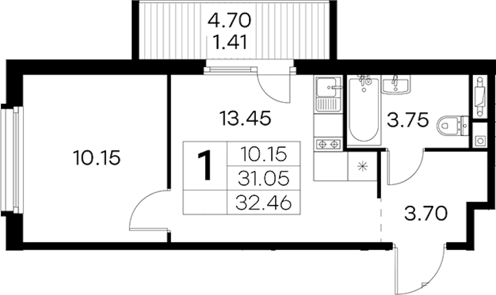 1-комнатная квартира 32.46 м², 12/15 эт., ЖК «GloraX Парголово»